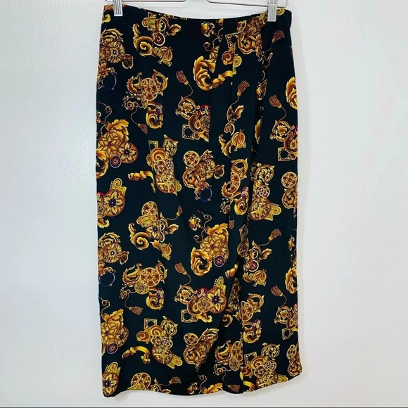 CK Midi Skirt 12 Faux Wrap Black Gold Floral Print Classic Whimsy Goth Office// - Picture 1 of 11